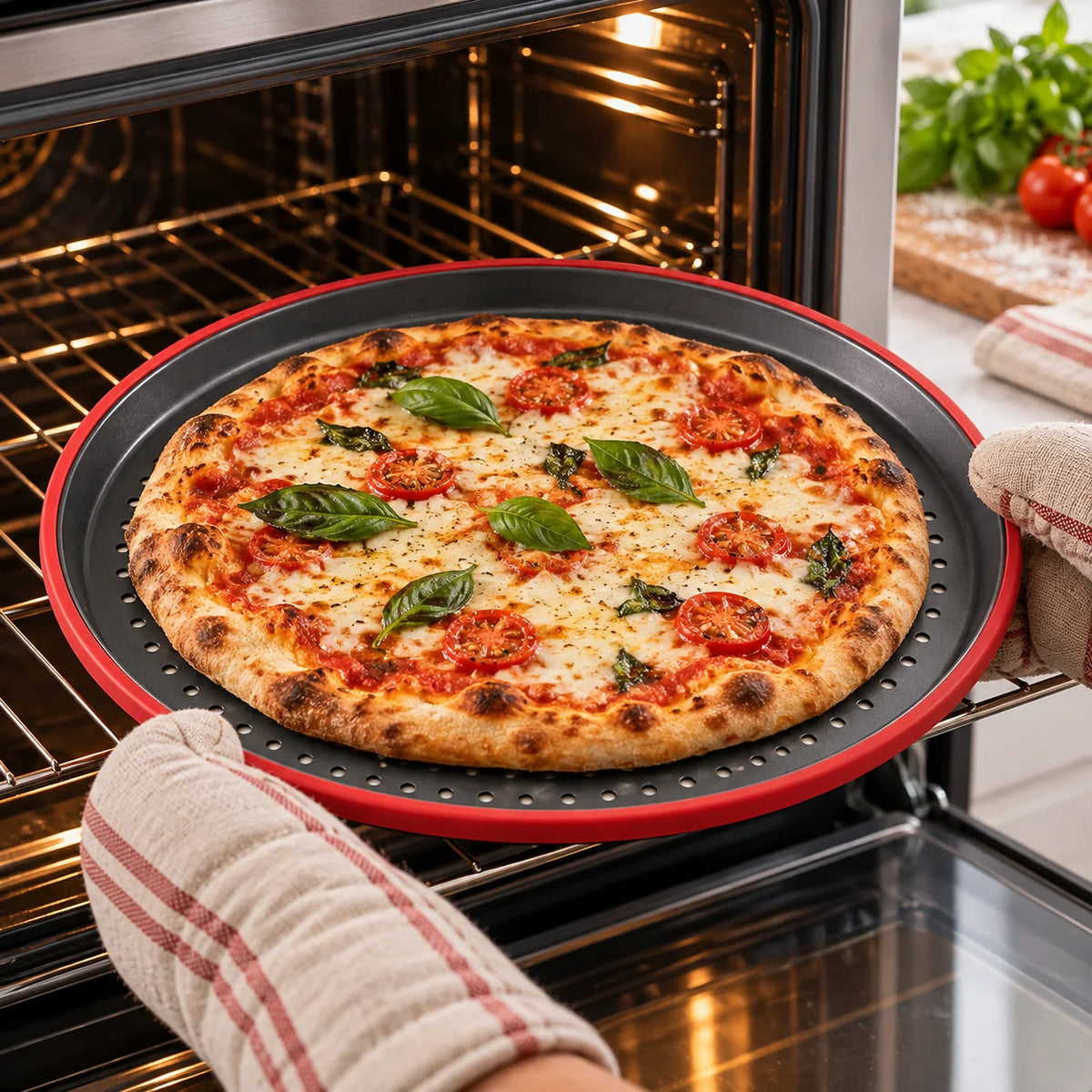 Perforated Pizza Baking Pan — in use