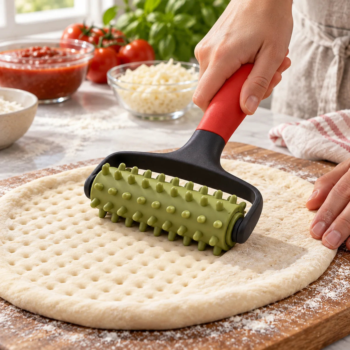 Pizza Dough Docker Roller — in use