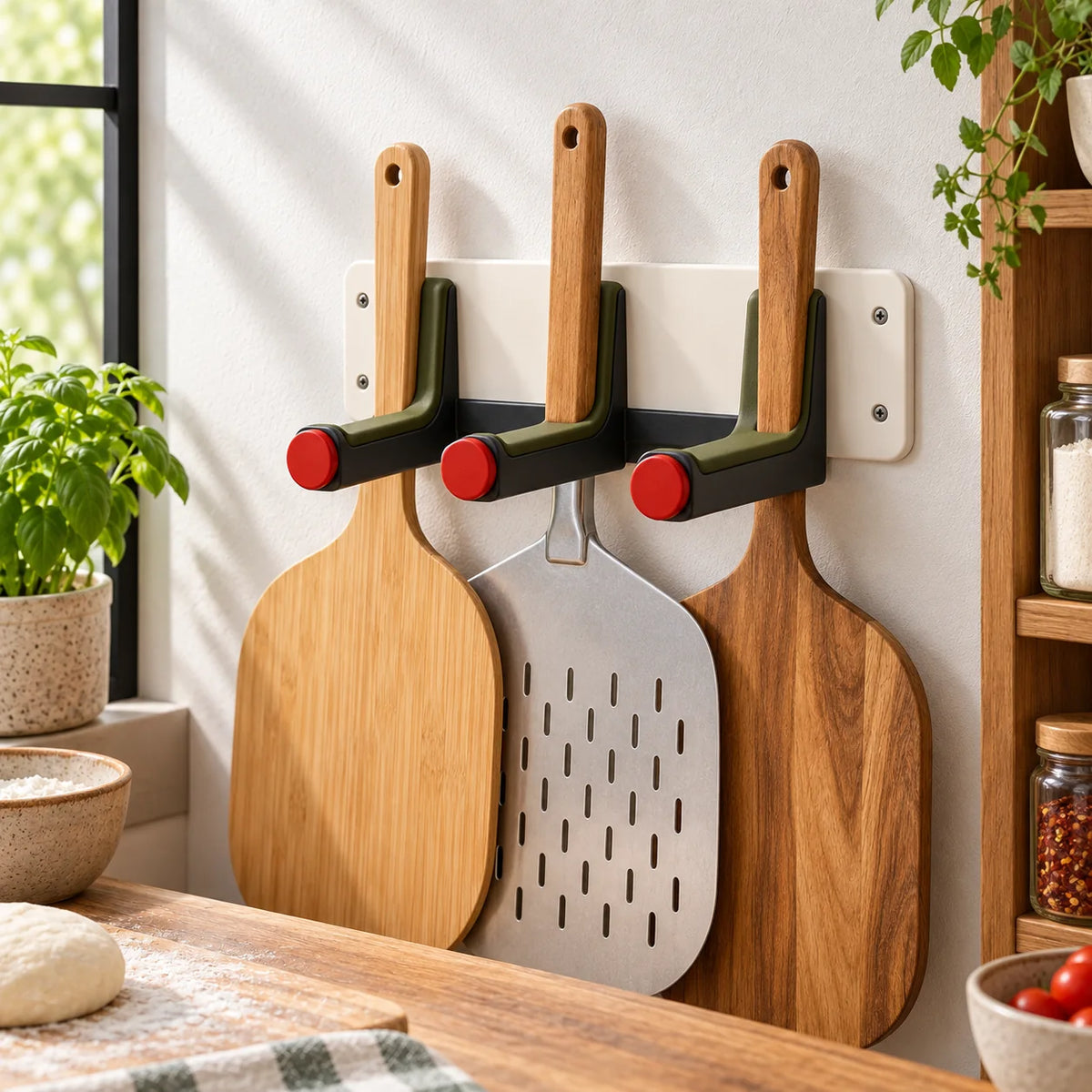 Pizza Peel Wall Storage Rack — in use