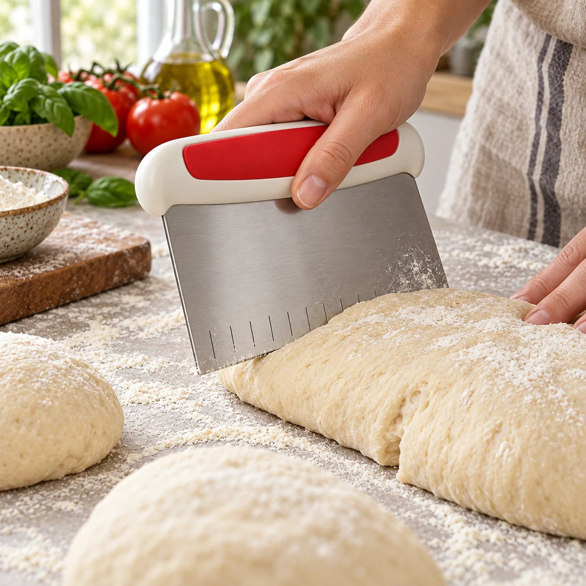 Stainless Dough Scraper with Measurement Guide — in use
